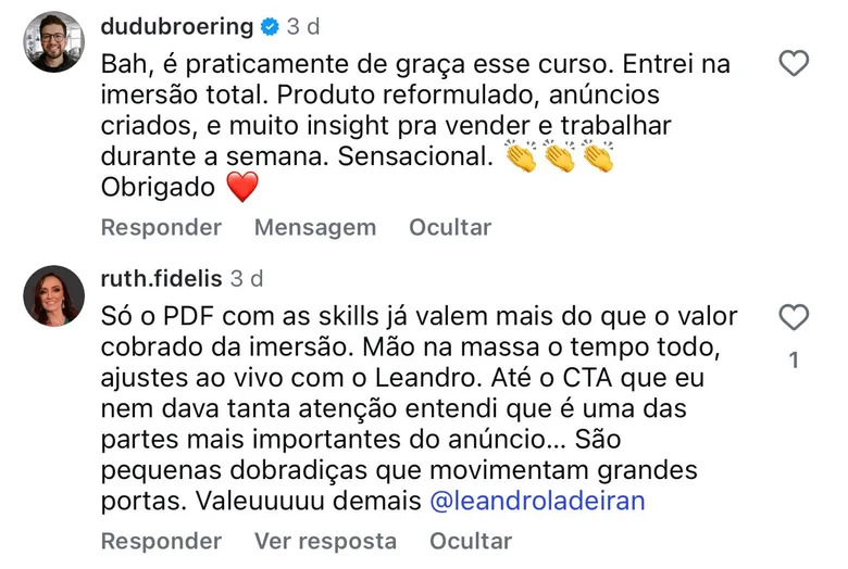 Comentários no Instagram de dudubroering e ruth.fidelis sobre a imersão: produto reformulado, anúncios criados e ajustes ao vivo