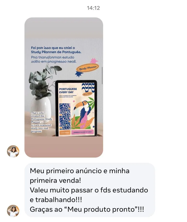 Mensagem de aluna com o print do Study Planner de Português: primeiro anúncio e primeira venda
