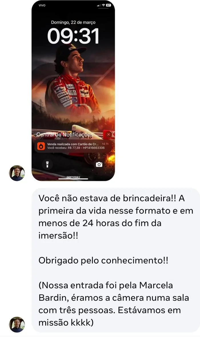 Mensagem de aluno com a notificação de venda da Hotmart na tela de bloqueio: primeira venda da vida em menos de 24 horas do fim da imersão